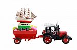 Red Tractor Toy Carry Small Car And Boat Isolated On White Backg Stock Photo