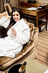 Relaxed Woman In Bathrobe, Leisure Time Stock Photo