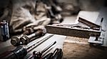 Retro Tools On Workbench Stock Photo