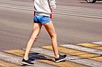 Road Crossing With Woman, Pedestrian Feet Stock Photo