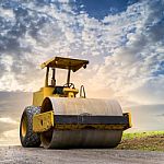 Road Roller At Road Construction Site Stock Photo