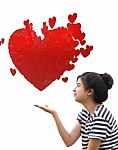 Romantic Young Woman Holding A Red Heart In Hands Stock Photo