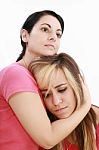 Sadness Woman In Friends Arms Stock Photo