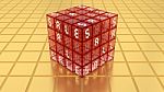 Sale Red Glass Magic Cube Box On Golden Floor Stock Photo