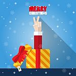 Santa Claus Hand Victory Sign From Gift Box Stock Photo