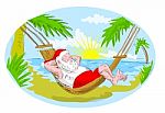 Santa Claus In Hammock Relaxing In Tropical Beach Stock Photo