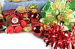 Santa Doll And Accessory Decorations Of Christmas Day Stock Photo