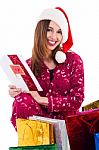 Santa Girl With Christmas Card Stock Photo