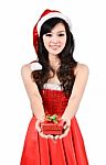 Santa Woman  Holding A Gift Box Stock Photo