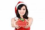 Santa Woman  Holding A Gift Box Stock Photo