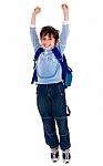 School Boy Raising His Arms In Joy Stock Photo