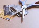 Scissors On Various Of Credit Card Prepare To Cut Stock Photo