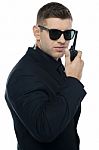 Security Officer with Walkie Talkie Stock Photo
