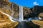 Seljalandsfoss Waterfall, Beautiful Waterfall In Iceland Stock Photo