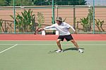 Senior 59s Years Old Man Playing Tennis In Sport Club Stock Photo