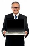 Senior Executive Standing With Open Laptop Stock Photo