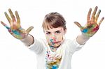 Serious Faced Girl With Painted Hands Stock Photo