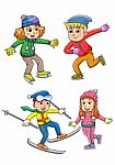 Set Of Children Playing In The Winter. Boys And Girls Skiing And Stock Photo