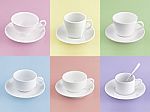 Set Of Different Cup Of Coffee On Many Color Background Stock Photo