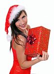 Sexy Santa Claus Girl Helper With A Gift Stock Photo