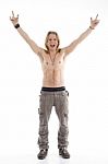 Shirtless Male Raising His Hands Stock Photo