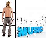 Shirtless Man With Music Text Stock Photo