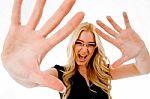 Shouting Woman Showing Hand Gesture Stock Photo