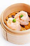 Shrimp Dim Sum In Bamboo Steamed Bow Stock Photo