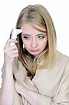 Sick Woman Measure Temperature Stock Photo