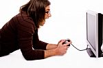 Side Pose Of Shouting Man Playing Videogame Stock Photo