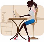 Silhouette Of Working Woman With Laptop Stock Photo