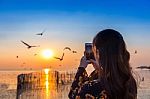 Silhoutte Of Birds Flying And Young Woman Taking A Photo At Sunset Stock Photo