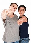 Sisters Showing Victory Sign Stock Photo