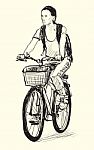 Sketch Of A Woman Riding Bicycle, Free Hand Drawing Illustration Stock Photo