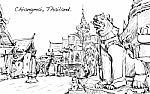 Sketch Of Cityscape Show Asia Style Temple Space In Thailand, Il Stock Photo