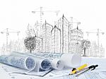 Sketching Of Modern Building Construction And Plan Document Stock Photo