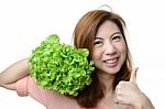 Smile Asian Woman Give Thumb To Hydroponics Green Oak Vegetable Stock Photo