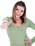 Smiling Beautiful Girl Showing Her Thumps Up Stock Photo