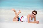 Smiling Beautiful Woman Lie On The Beach Lie On The Beach Stock Photo