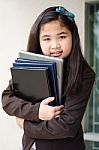 Smiling Business Girl With Folder, Outdoor Stock Photo