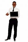 Smiling Executive Pointing Laptop Stock Photo