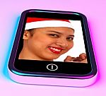 Smiling Girl On Mobile Screen Stock Photo