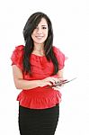 Smiling lady pressing Tablet Stock Photo