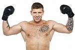 Smiling Male Boxer With Arms Raised Stock Photo