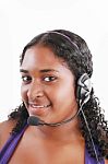 Smiling Woman Wearing Headset Stock Photo