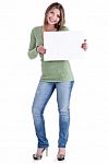 Smiling Young Beautiful Woman Holding Blank White Board Stock Photo