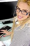 Smiling Young call center lady Stock Photo