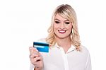 Smiling Young Woman With Atm Card Stock Photo
