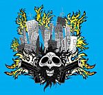 Smiling Zombie Skull Glock Guns City Buildings In Fire Stock Photo