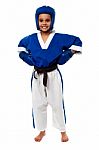 Smilng Karate Kid Ready To Fight Out Stock Photo